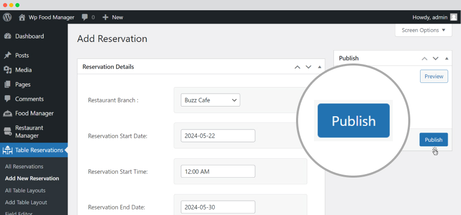 Table Reservations-Add New Reservation-Publish